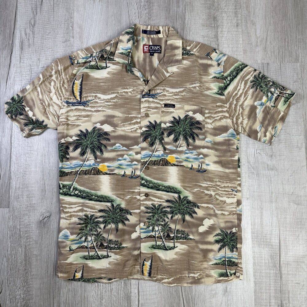 VTG Chaps Ralph Lauren Mens Hawaiian Resort Button Up Loop Collar Shirt M Tan N
